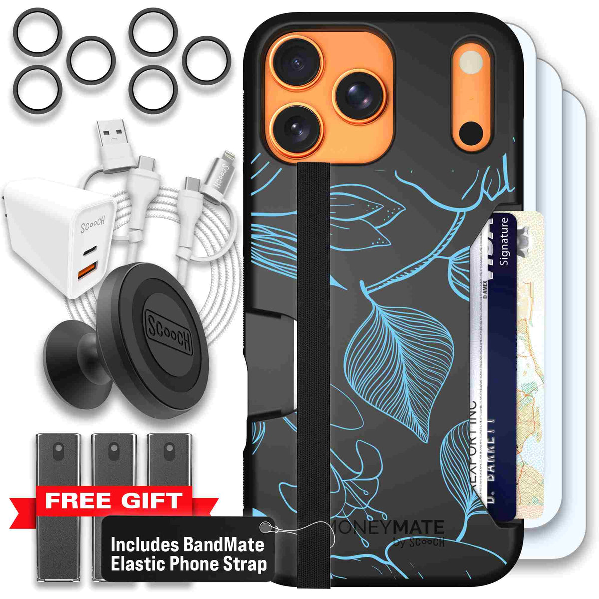 Blue Hibiscus cyan-blue tropical flower pattern on a charcoal scoochzza Moneymate case for iPhone 17 Pro Max - Ultimate Bundle