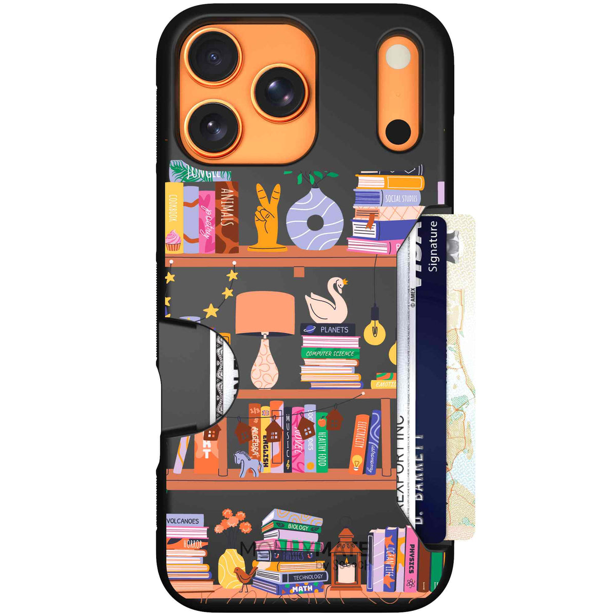 Little Library colorful book and bookshelf pattern on a scoochzza Moneymate case for iPhone 17 Pro Max
