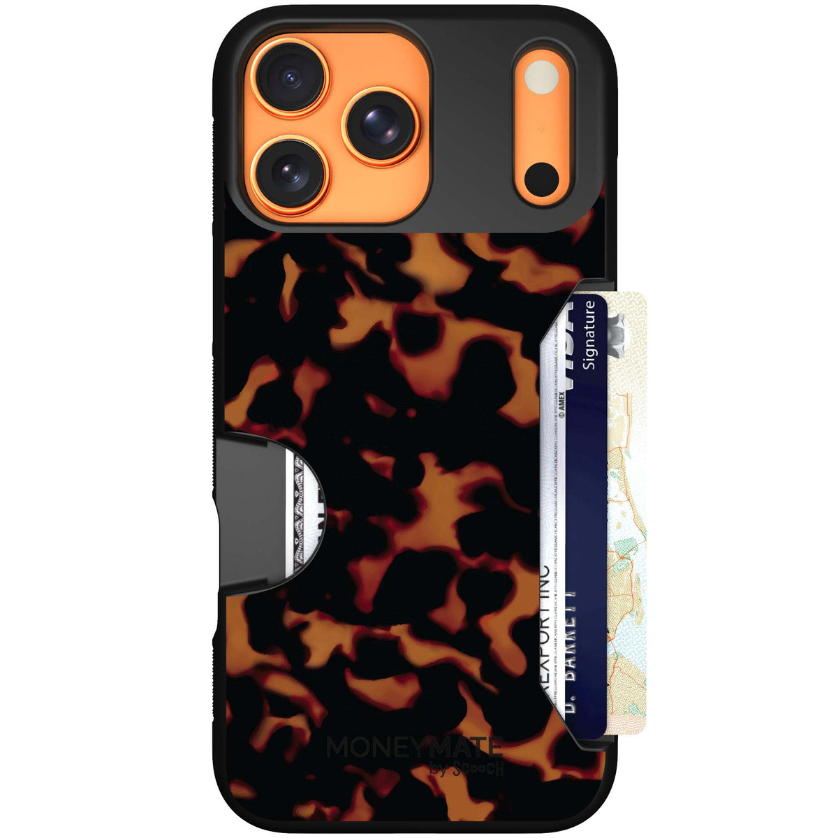 Tortoise Shell amber brown and black mottled pattern on a scoochzza Moneymate case for iPhone 17 Pro Max