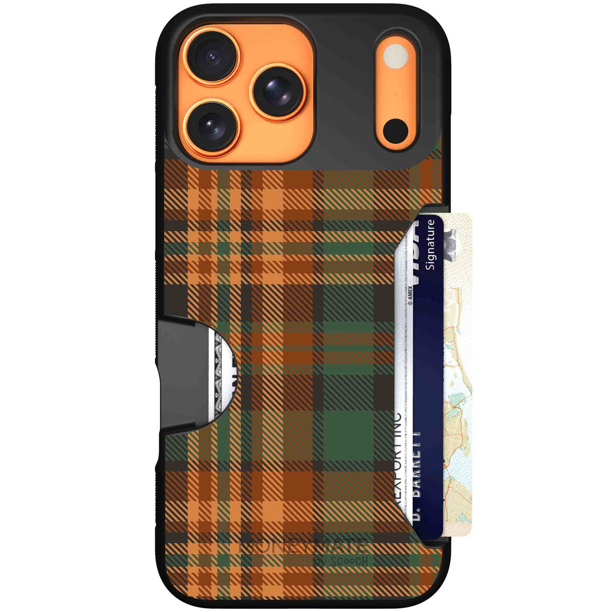 Fall Flannel orange and brown plaid pattern on a scoochzza Moneymate case for iPhone 17 Pro Max