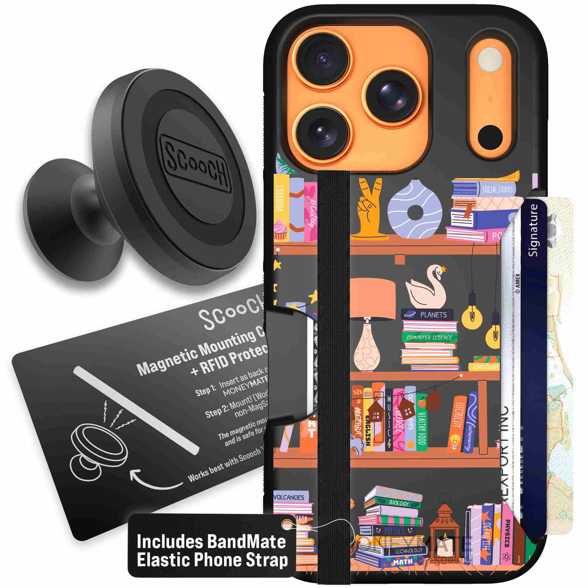 Little Library colorful book and bookshelf pattern on a scoochzza Moneymate case for iPhone 17 Pro - Starter Bundle