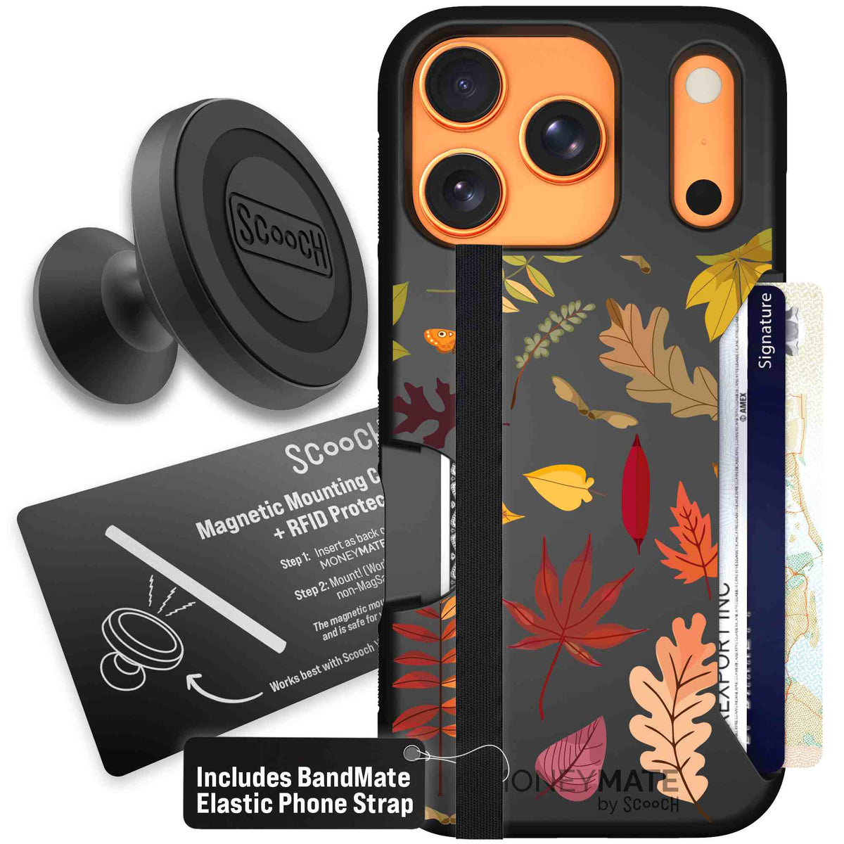 Autumn Leaves multicolored fall foliage pattern on a charcoal scoochzza Moneymate case for iPhone 17 Pro - Starter Bundle