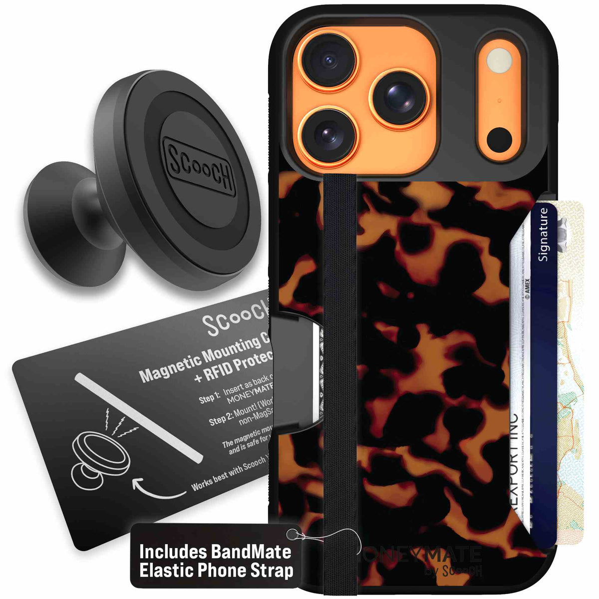 Tortoise Shell amber brown and black mottled pattern on a scoochzza Moneymate case for iPhone 17 Pro - Starter Bundle