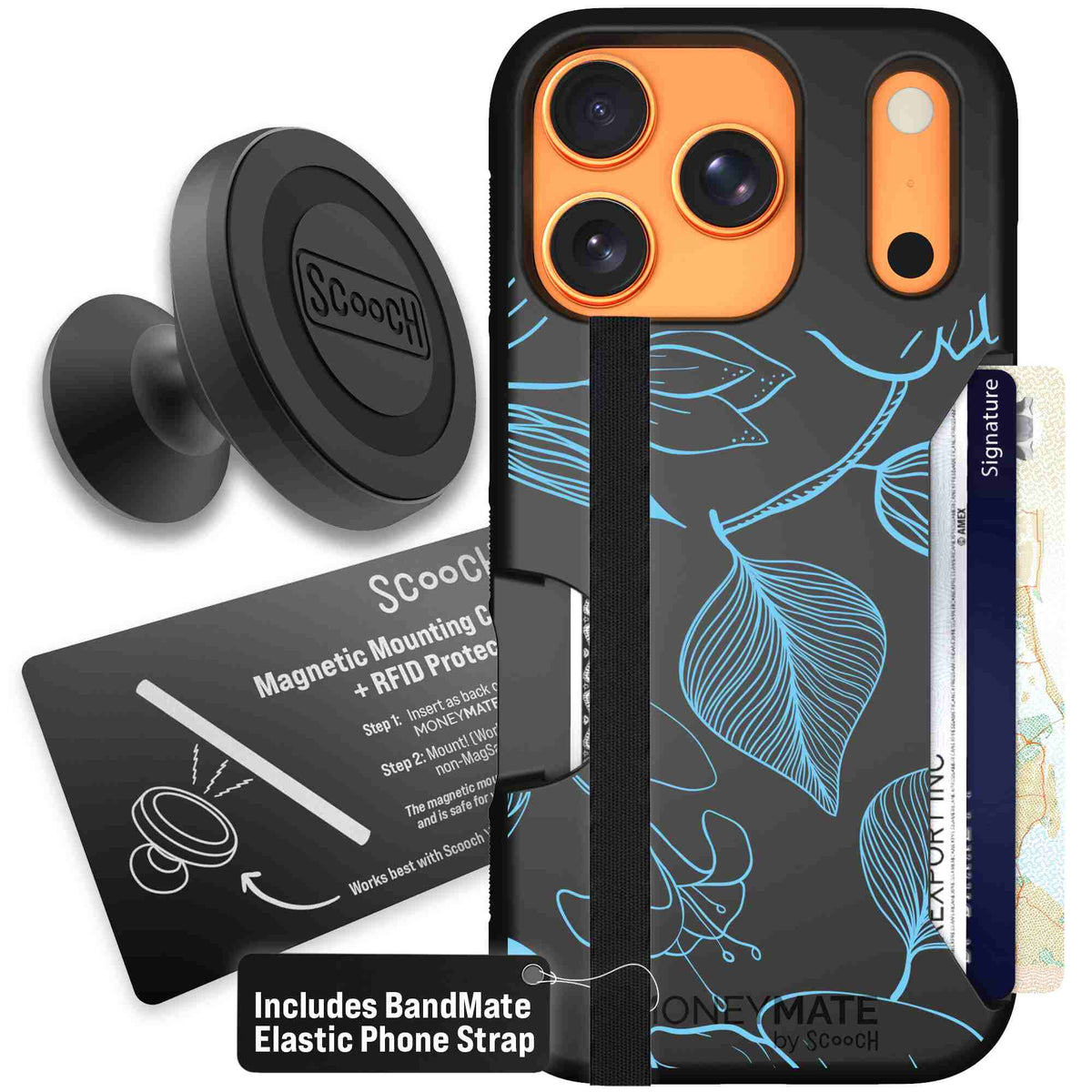 Blue Hibiscus cyan-blue tropical flower pattern on a charcoal scoochzza Moneymate case for iPhone 17 Pro - Starter Bundle