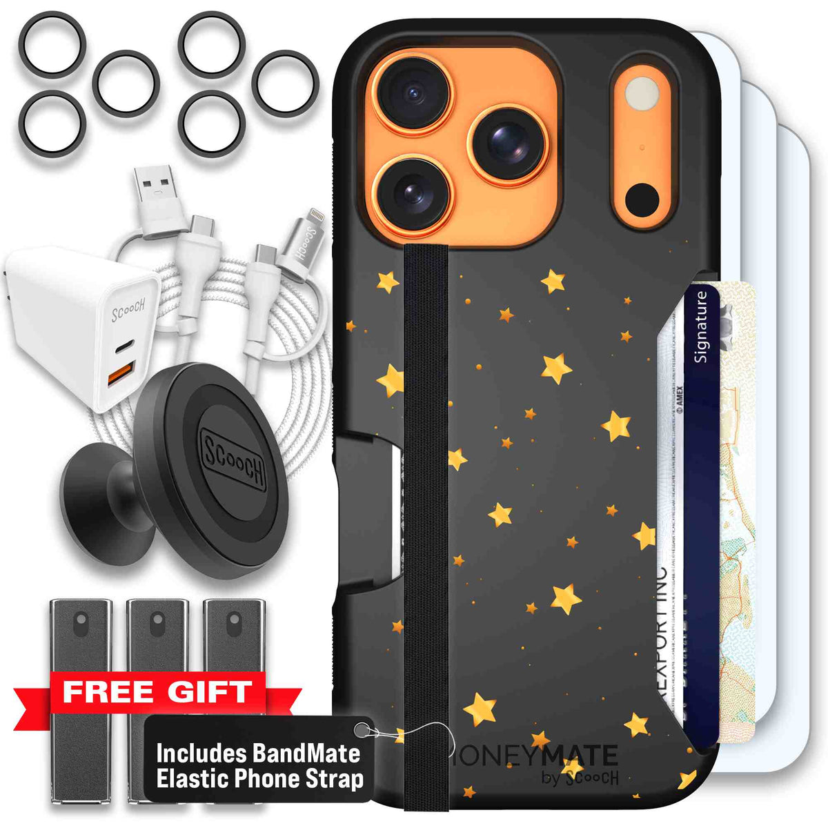 Gold Stars yellow and gold star pattern on a charcoal scoochzza Moneymate case for iPhone 17 Pro - Ultimate Bundle