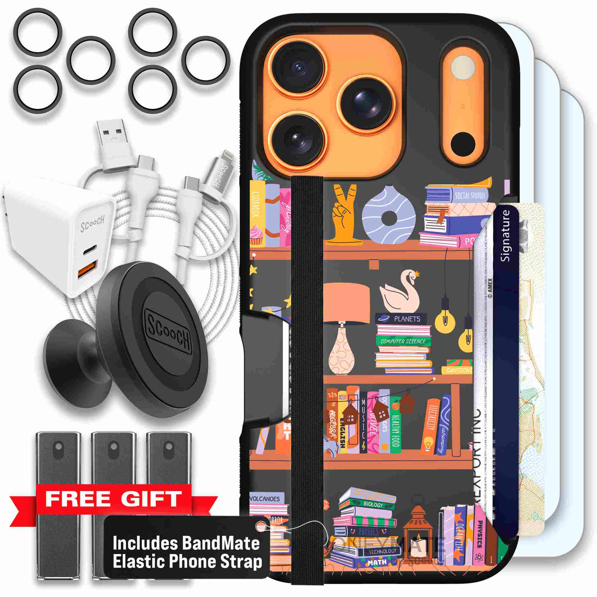 Little Library colorful book and bookshelf pattern on a scoochzza Moneymate case for iPhone 17 Pro - Ultimate Bundle