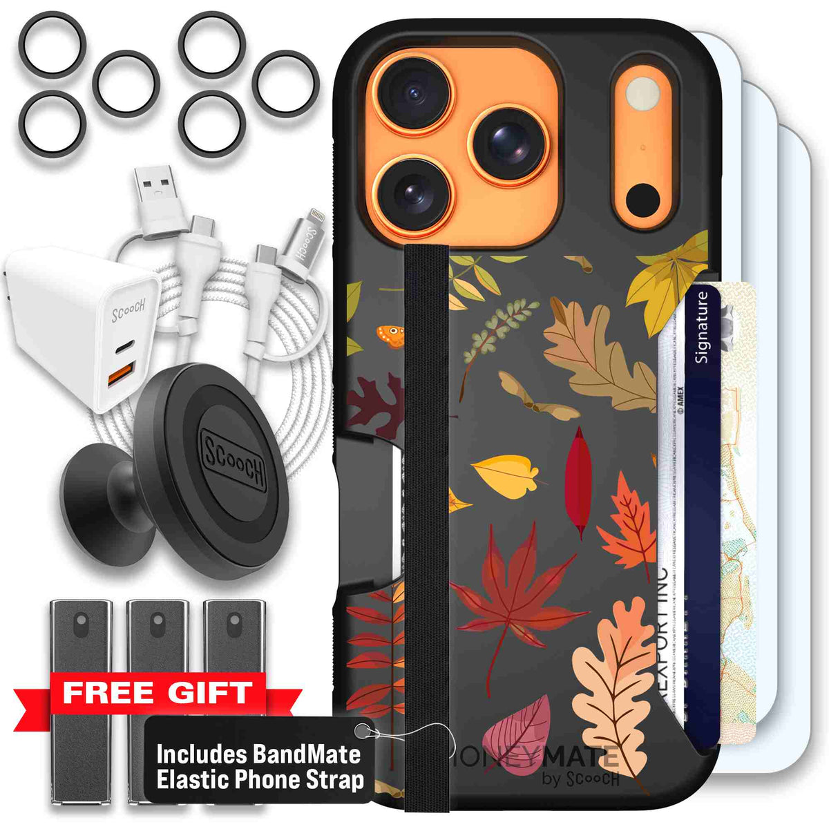 Autumn Leaves multicolored fall foliage pattern on a charcoal scoochzza Moneymate case for iPhone 17 Pro - Ultimate Bundle