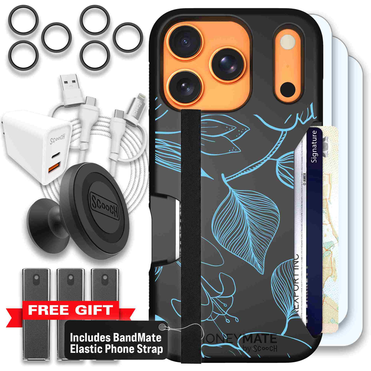 Blue Hibiscus cyan-blue tropical flower pattern on a charcoal scoochzza Moneymate case for iPhone 17 Pro - Ultimate Bundle