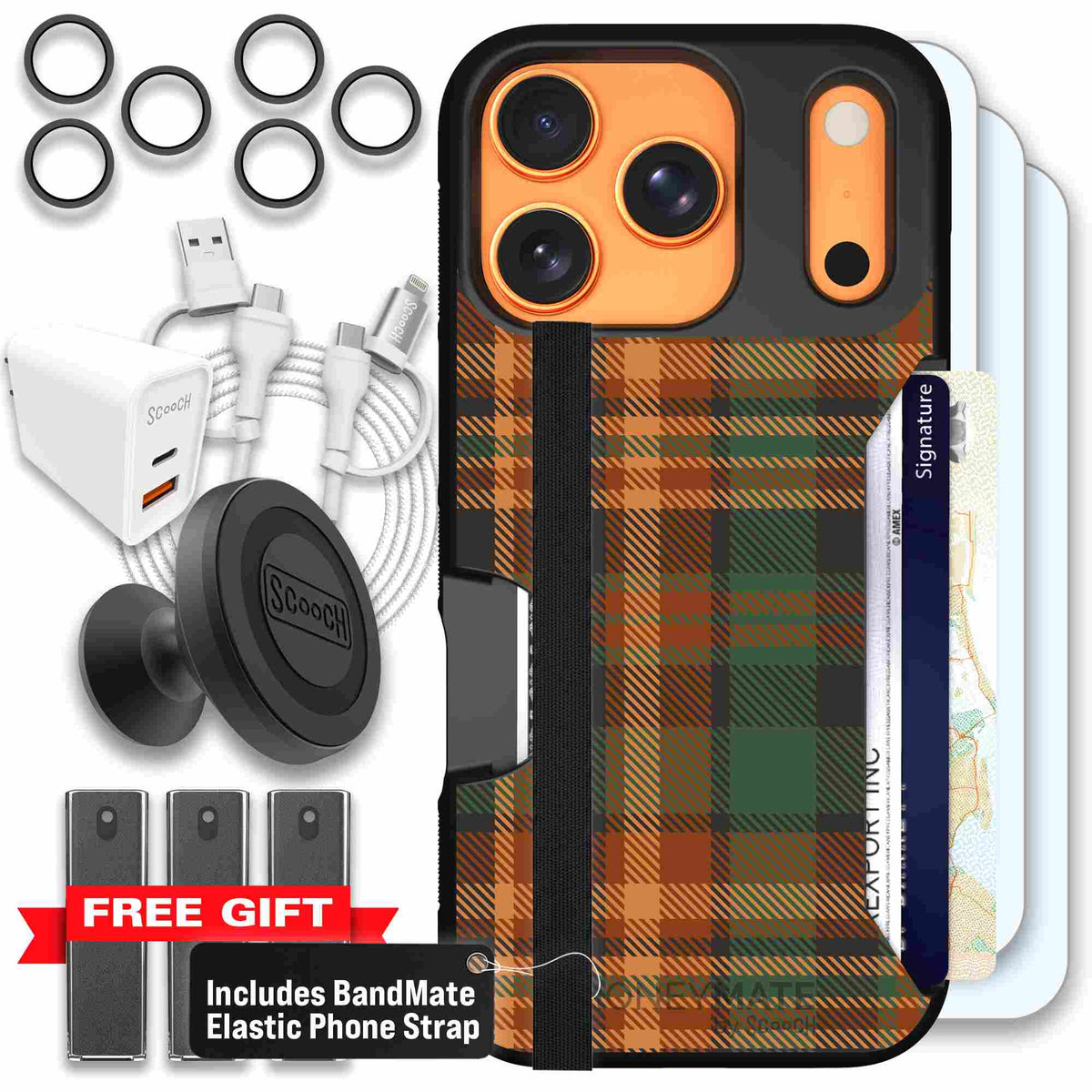 Fall Flannel orange and brown plaid pattern on a scoochzza Moneymate case for iPhone 17 Pro - Ultimate Bundle