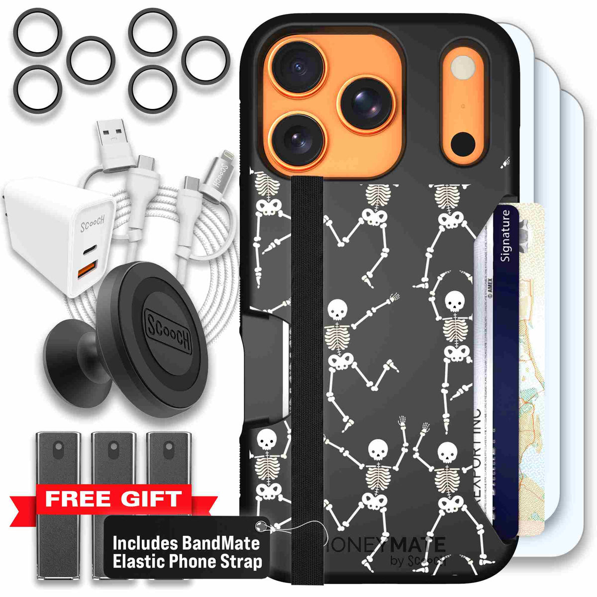 Swinging Skeletons white dancing skeleton pattern on a black scoochzza Moneymate case for iPhone 17 Pro - Ultimate Bundle