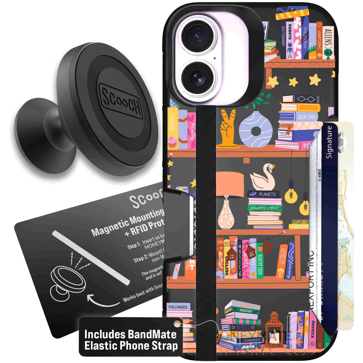 Little Library colorful book and bookshelf pattern on a scoochzza Moneymate case for iPhone 17 - Starter Bundle