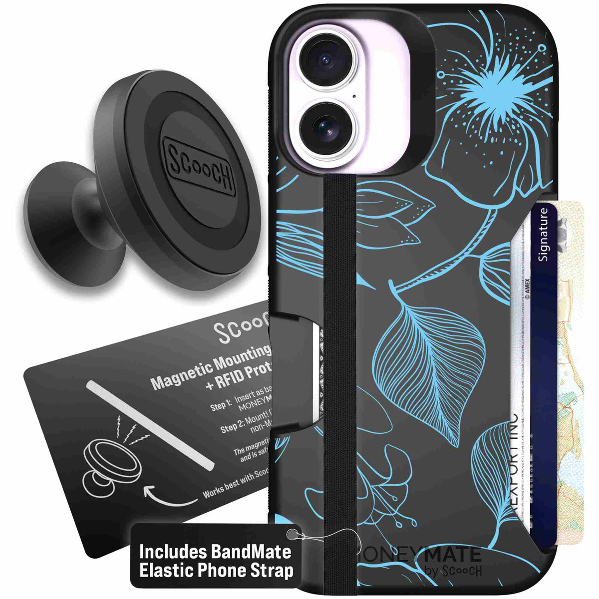 Blue Hibiscus cyan-blue tropical flower pattern on a charcoal scoochzza Moneymate case for iPhone 17 - Starter Bundle