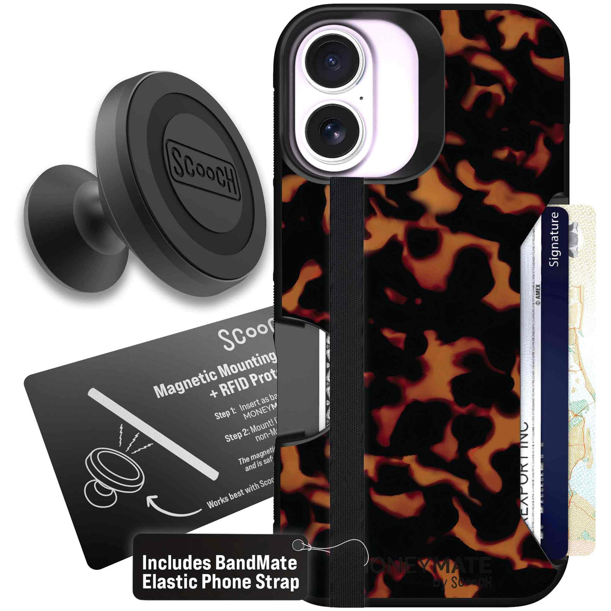 Tortoise Shell amber brown and black mottled pattern on a scoochzza Moneymate case for iPhone 17 - Starter Bundle