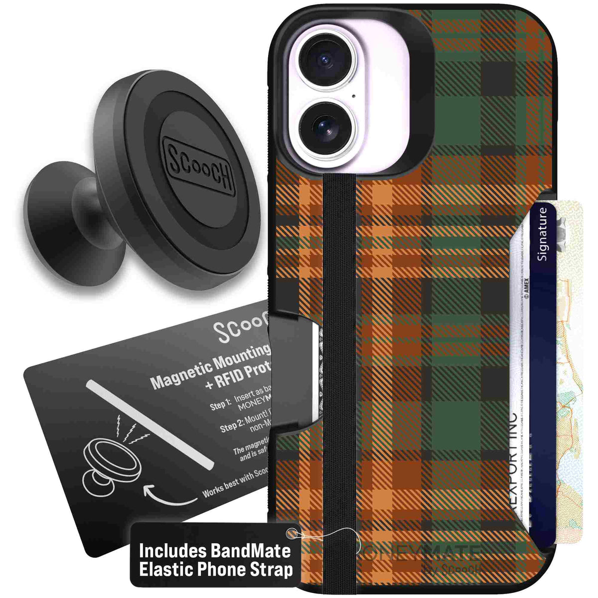 Fall Flannel orange and brown plaid pattern on a scoochzza Moneymate case for iPhone 17 - Starter Bundle