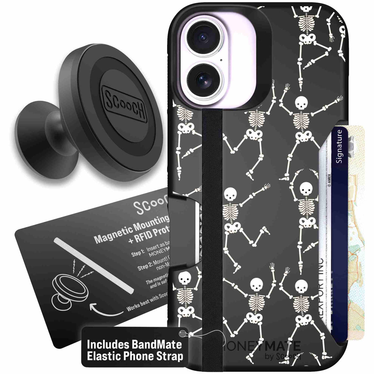 Swinging Skeletons white dancing skeleton pattern on a black scoochzza Moneymate case for iPhone 17 - Starter Bundle