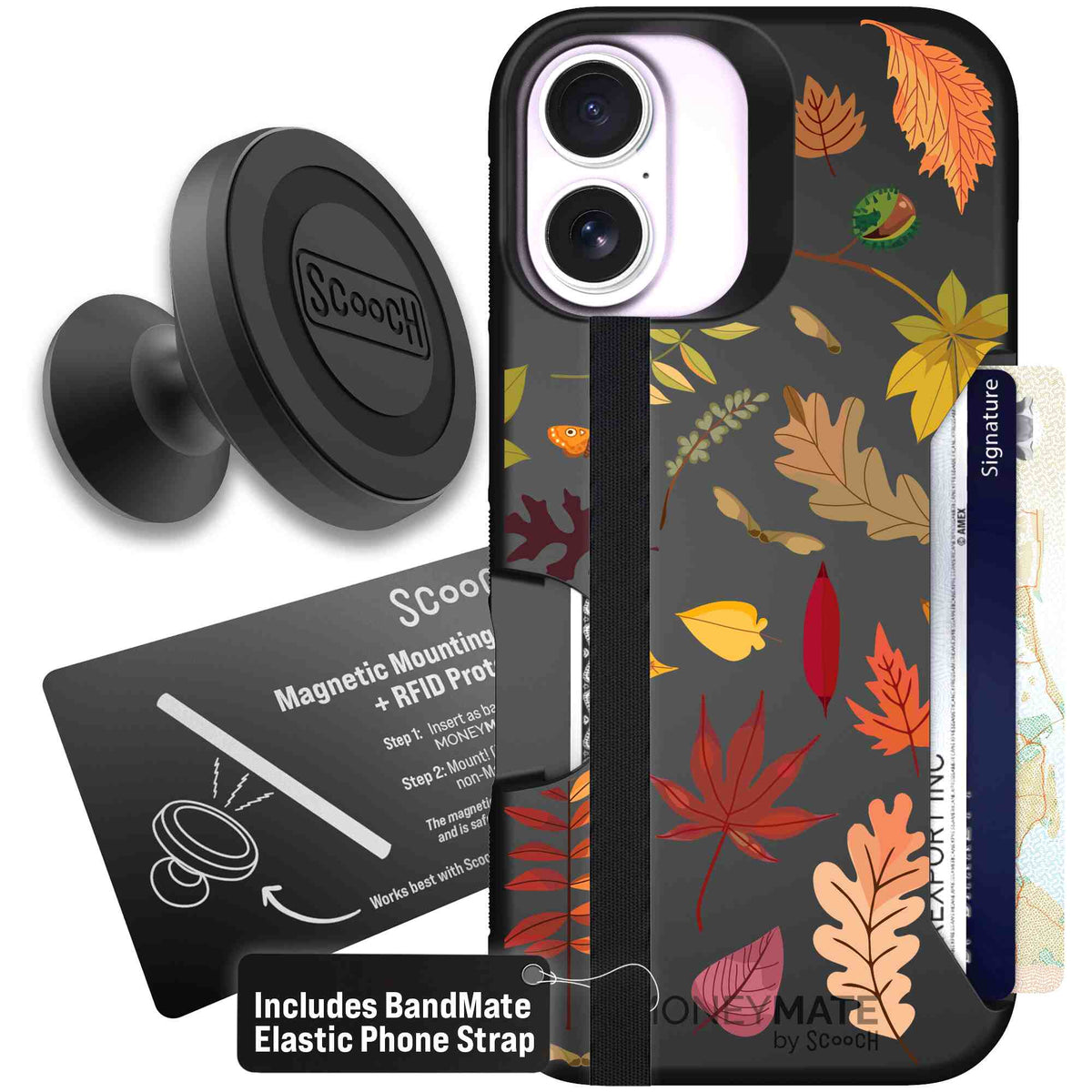 Autumn Leaves multicolored fall foliage pattern on a charcoal scoochzza Moneymate case for iPhone 17 - Starter Bundle