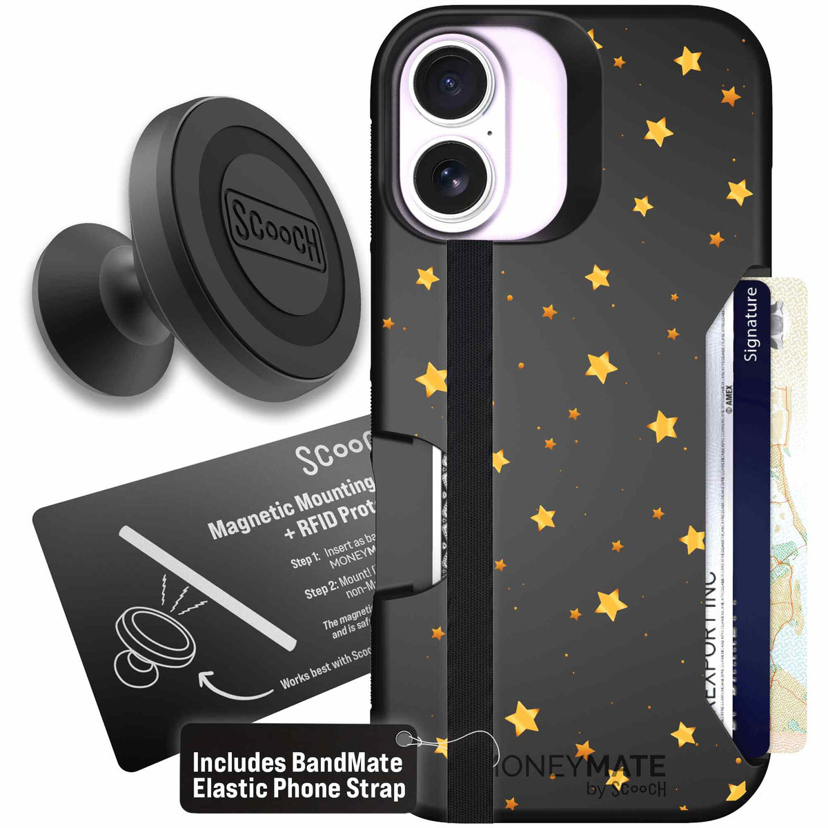 Gold Stars yellow and gold star pattern on a charcoal scoochzza Moneymate case for iPhone 17 - Starter Bundle