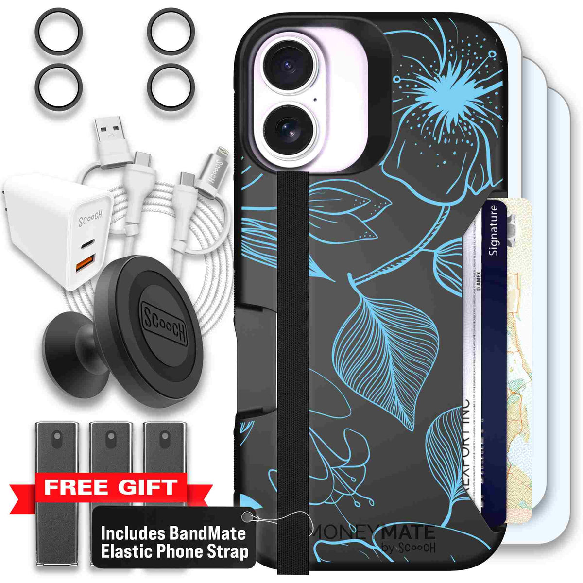 Blue Hibiscus cyan-blue tropical flower pattern on a charcoal scoochzza Moneymate case for iPhone 17 - Ultimate Bundle