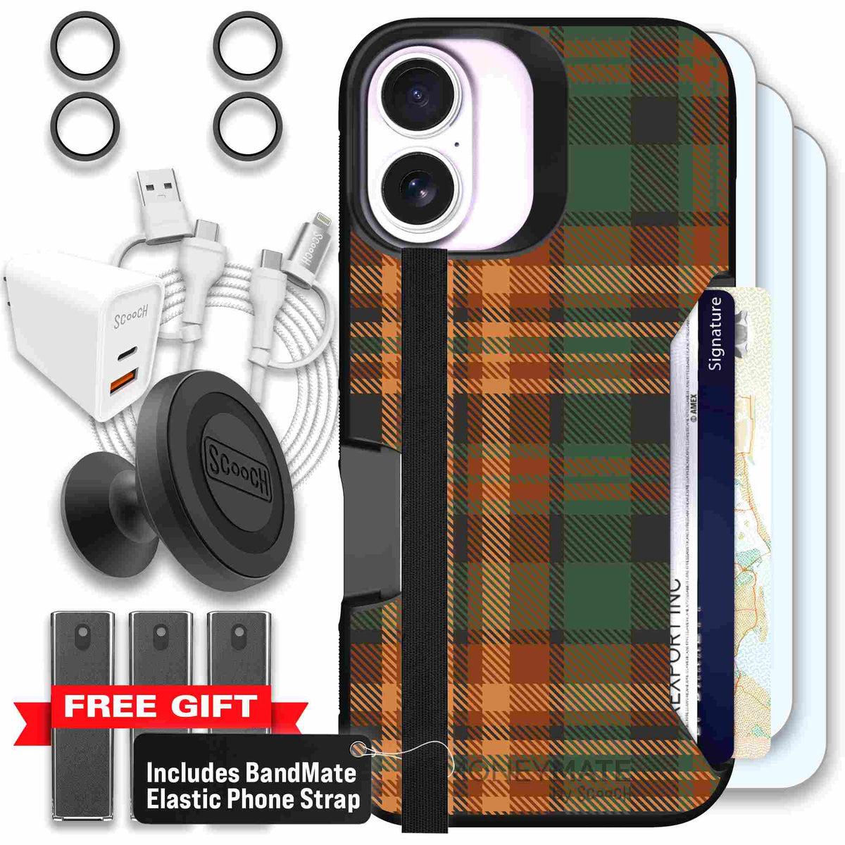 Fall Flannel orange and brown plaid pattern on a scoochzza Moneymate case for iPhone 17 - Ultimate Bundle