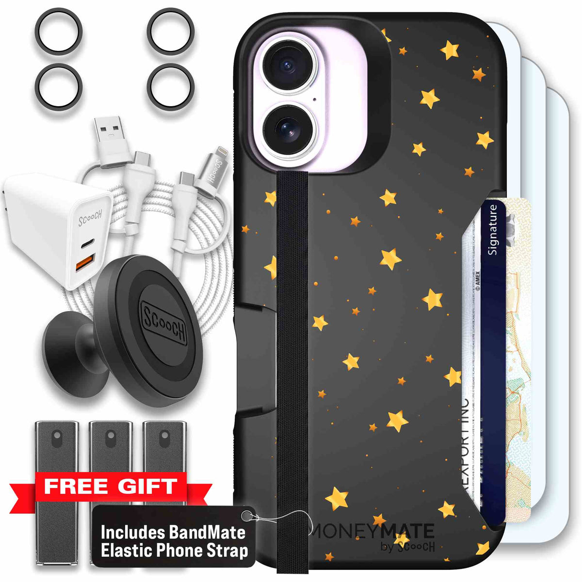Gold Stars yellow and gold star pattern on a charcoal scoochzza Moneymate case for iPhone 17 - Ultimate Bundle
