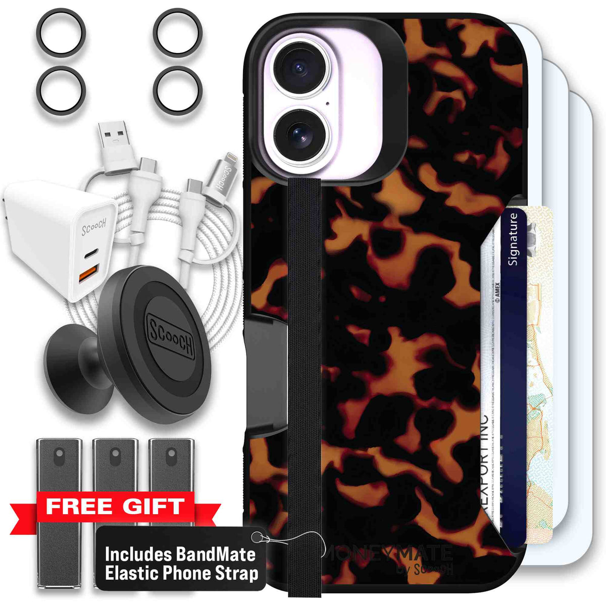 Tortoise Shell amber brown and black mottled pattern on a scoochzza Moneymate case for iPhone 17 - Ultimate Bundle