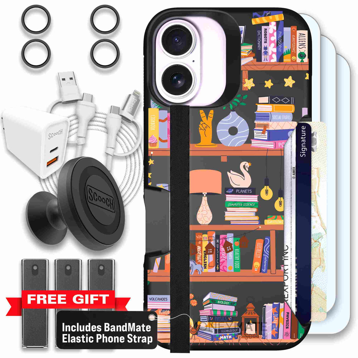 Little Library colorful book and bookshelf pattern on a scoochzza Moneymate case for iPhone 17 - Ultimate Bundle