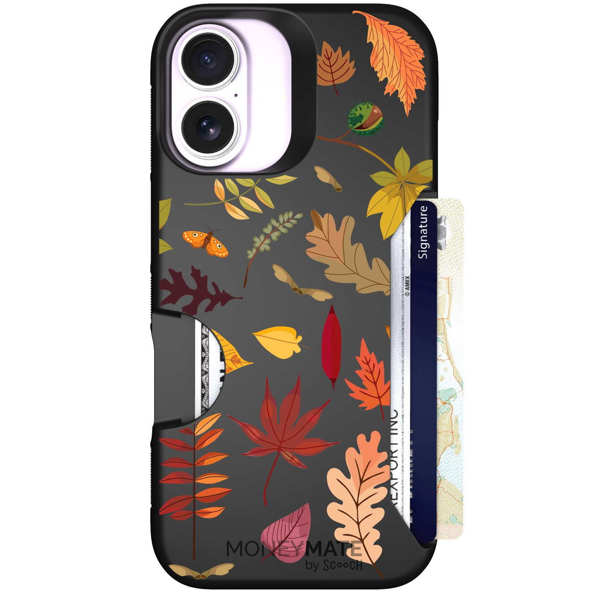 Autumn Leaves multicolored fall foliage pattern on a charcoal scoochzza Moneymate case for iPhone 17
