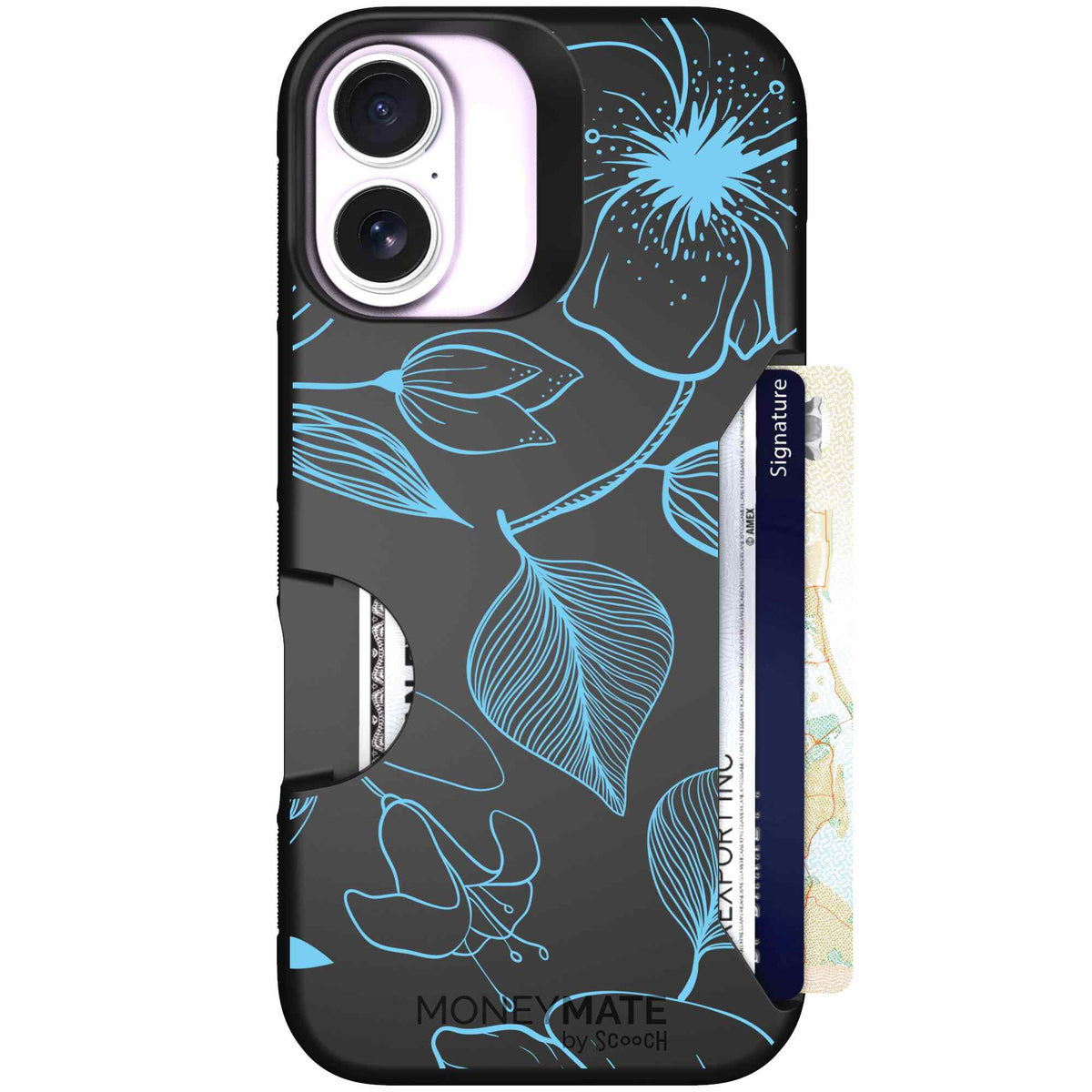 Blue Hibiscus cyan-blue tropical flower pattern on a charcoal scoochzza Moneymate case for iPhone 17