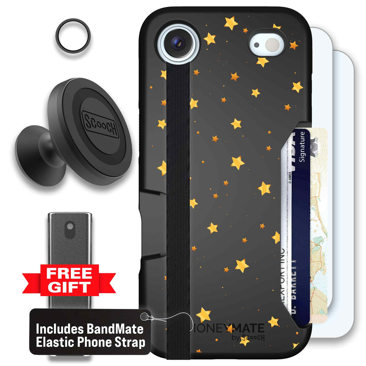 Gold Stars yellow and gold star pattern on a charcoal scoochzza Moneymate case for iPhone Air - Defender Bundle