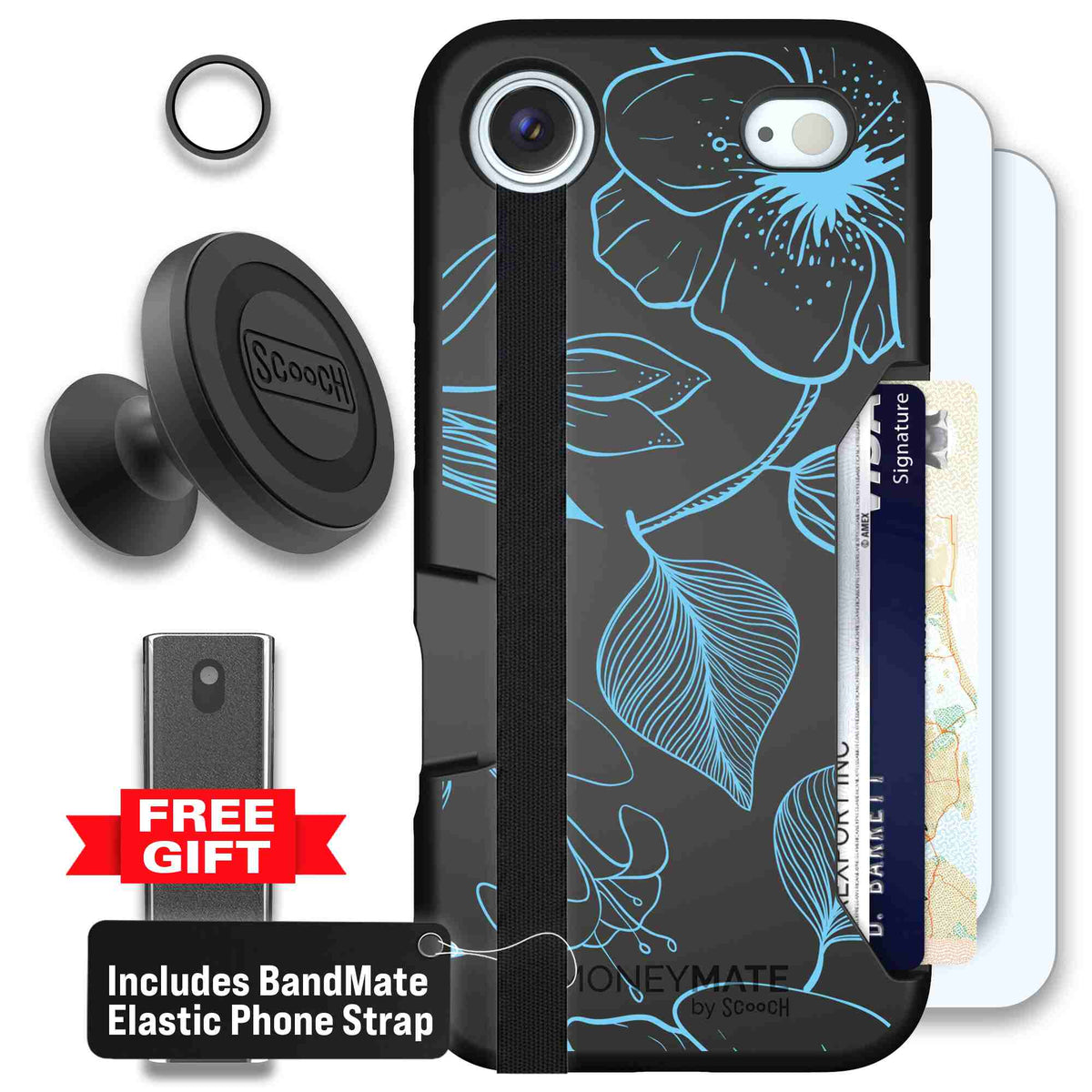 Blue Hibiscus cyan-blue tropical flower pattern on a charcoal scoochzza Moneymate case for iPhone Air - Defender Bundle