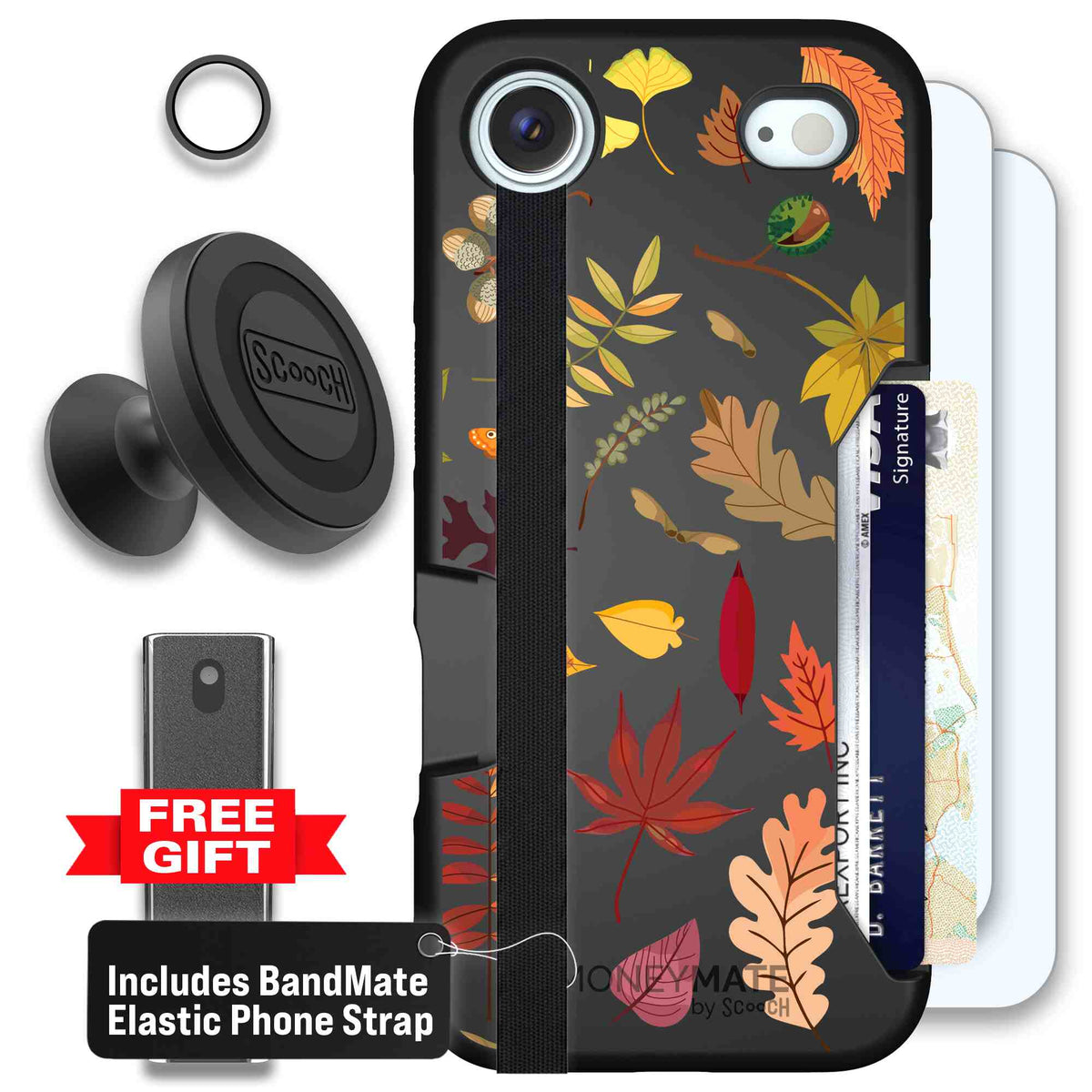 Autumn Leaves multicolored fall foliage pattern on a charcoal scoochzza Moneymate case for iPhone Air - Defender Bundle