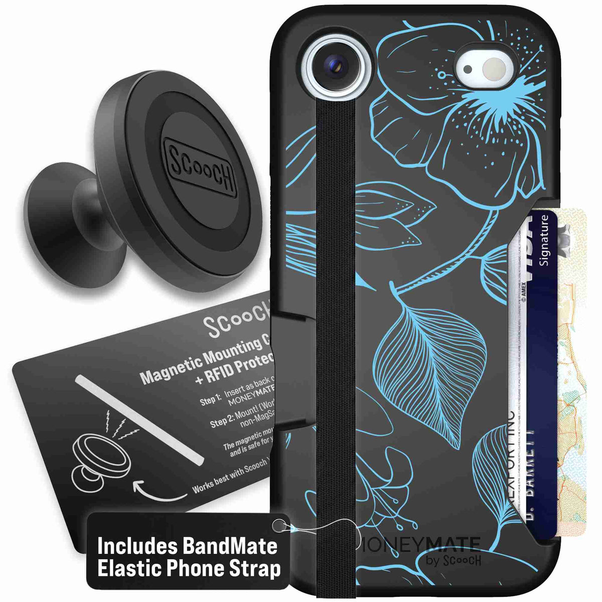 Blue Hibiscus cyan-blue tropical flower pattern on a charcoal scoochzza Moneymate case for iPhone Air - Starter Bundle
