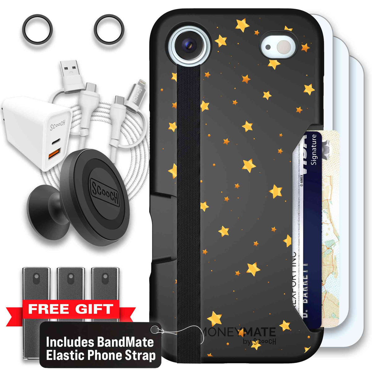 Gold Stars yellow and gold star pattern on a charcoal scoochzza Moneymate case for iPhone Air - Ultimate Bundle