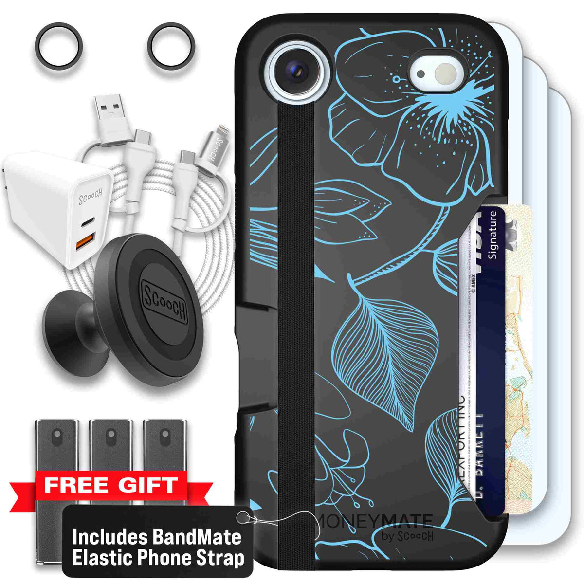 Blue Hibiscus cyan-blue tropical flower pattern on a charcoal scoochzza Moneymate case for iPhone Air - Ultimate Bundle