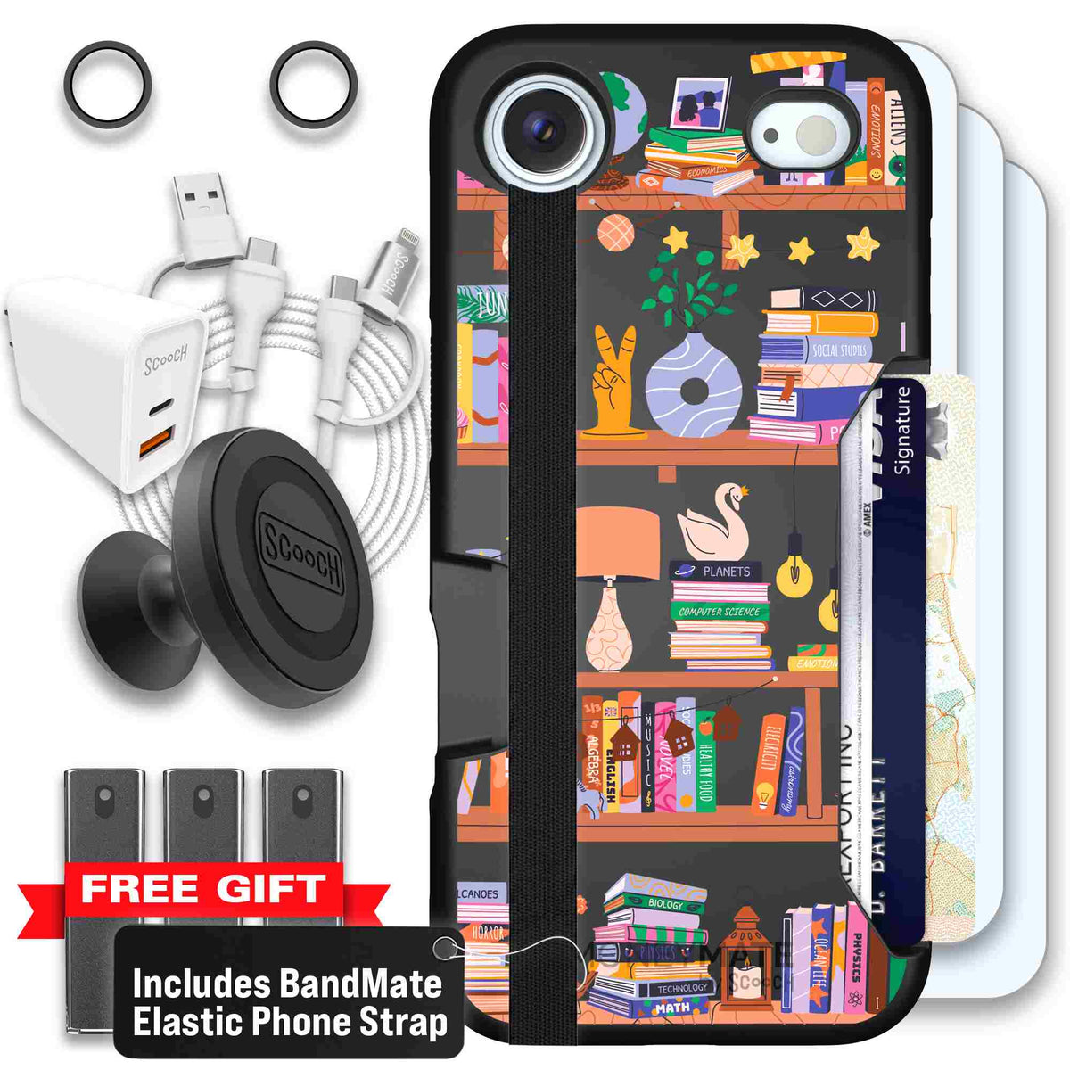 Little Library colorful book and bookshelf pattern on a scoochzza Moneymate case for iPhone Air - Ultimate Bundle