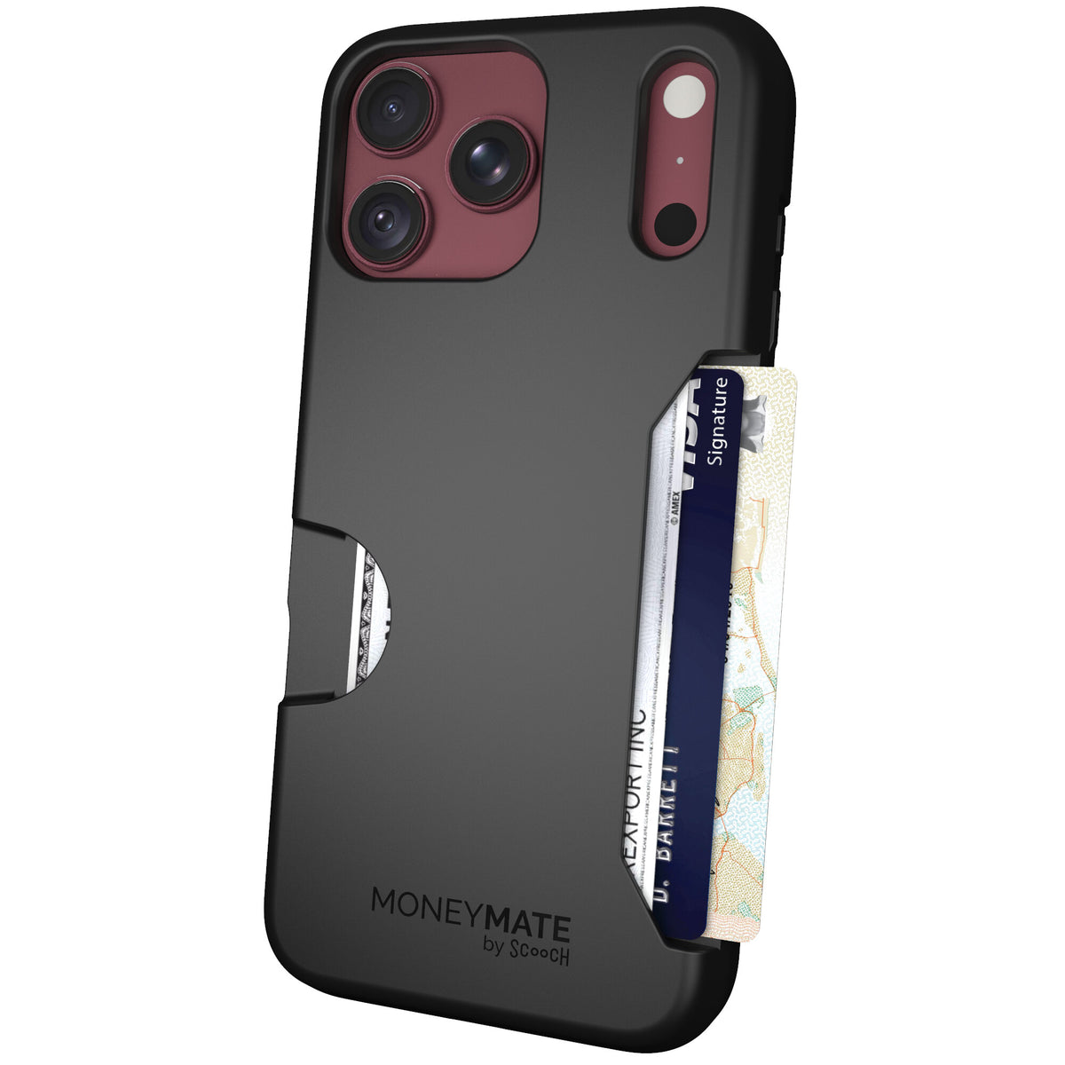 Moneymate Black on iPhone 18 Pro Max Burgundy package angle