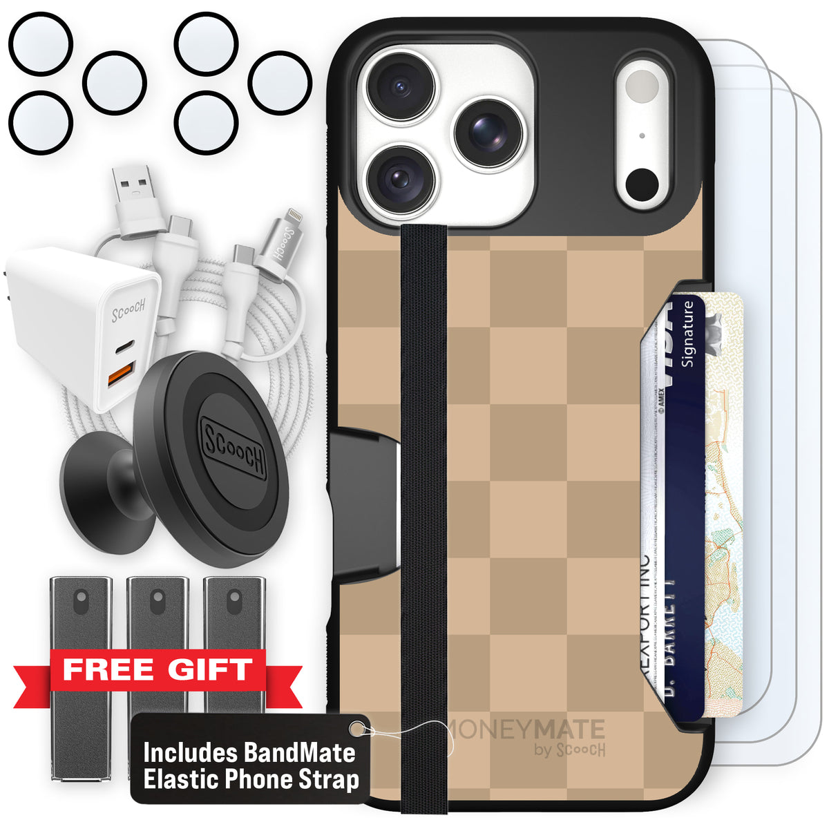 Moneymate Checkered Beige for iPhone 18 Pro Max — Ultimate Bundle