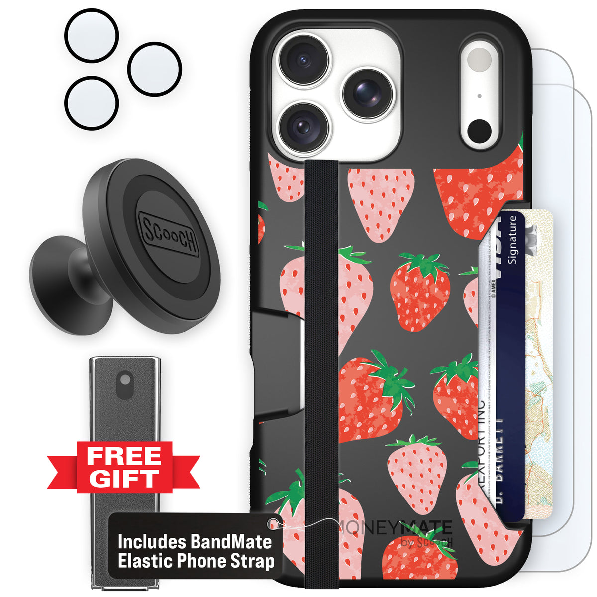 Moneymate Strawberry Fields for iPhone 18 Pro Max — Defender Bundle