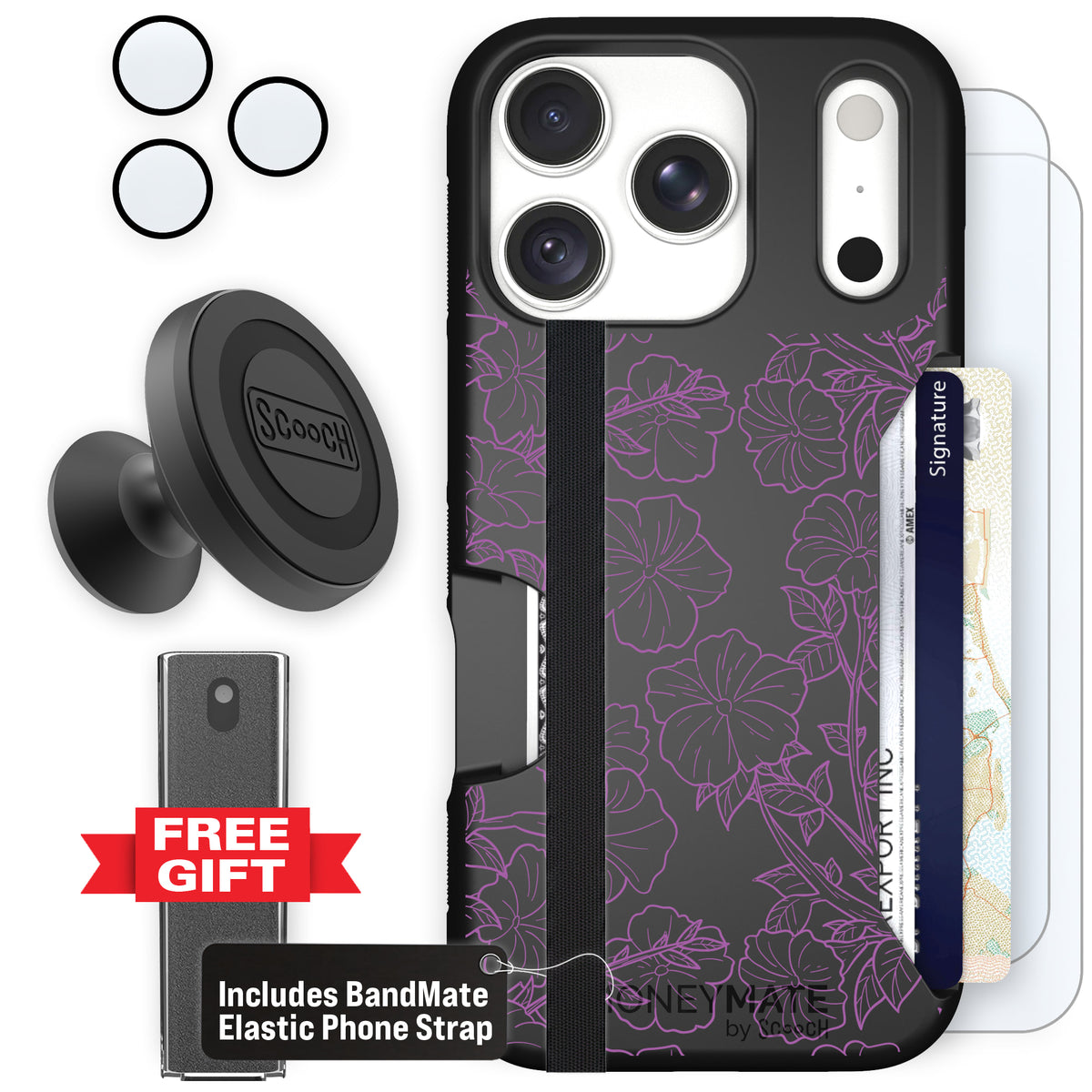 Moneymate Purple Petunias for iPhone 18 Pro — Defender Bundle