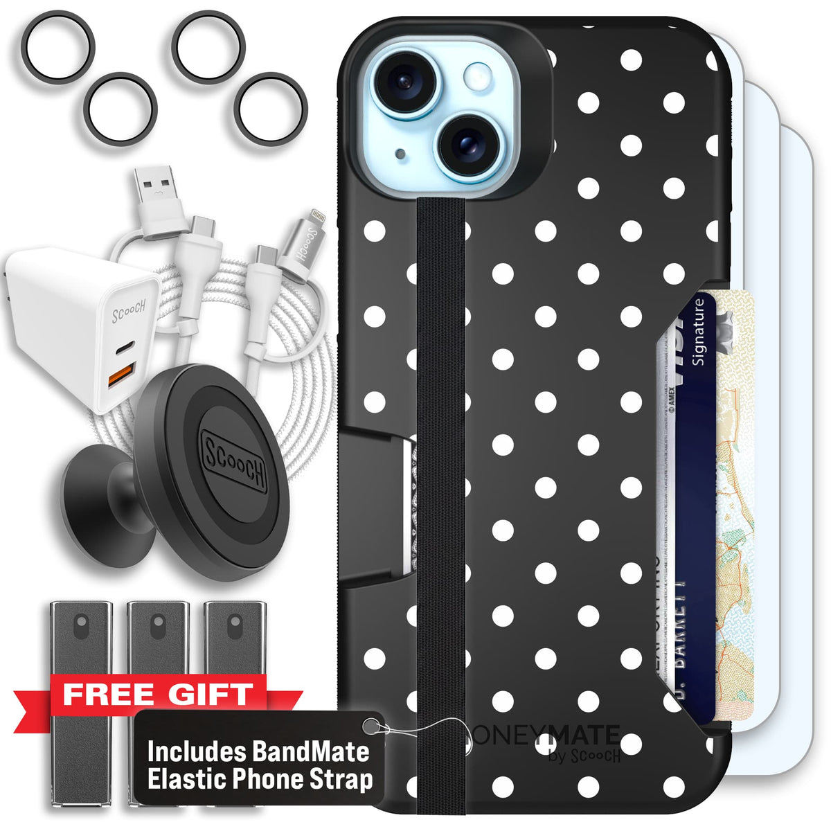 Moneymate - iPhone 15 Plus - Polka Dots - Ultimate Bundle