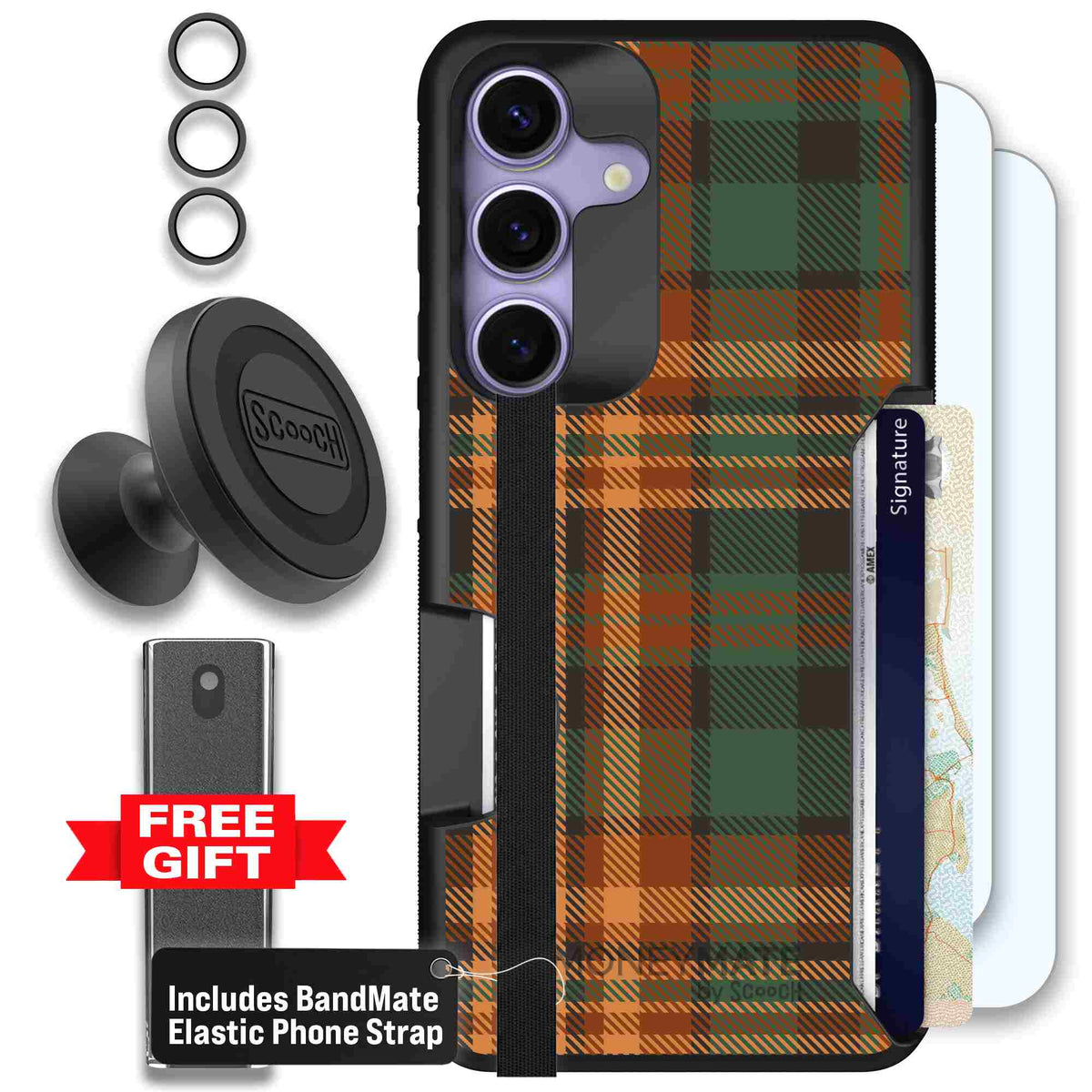 Fall Flannel orange and brown plaid pattern on a scoochzza Moneymate case for Galaxy S25 - Defender Bundle