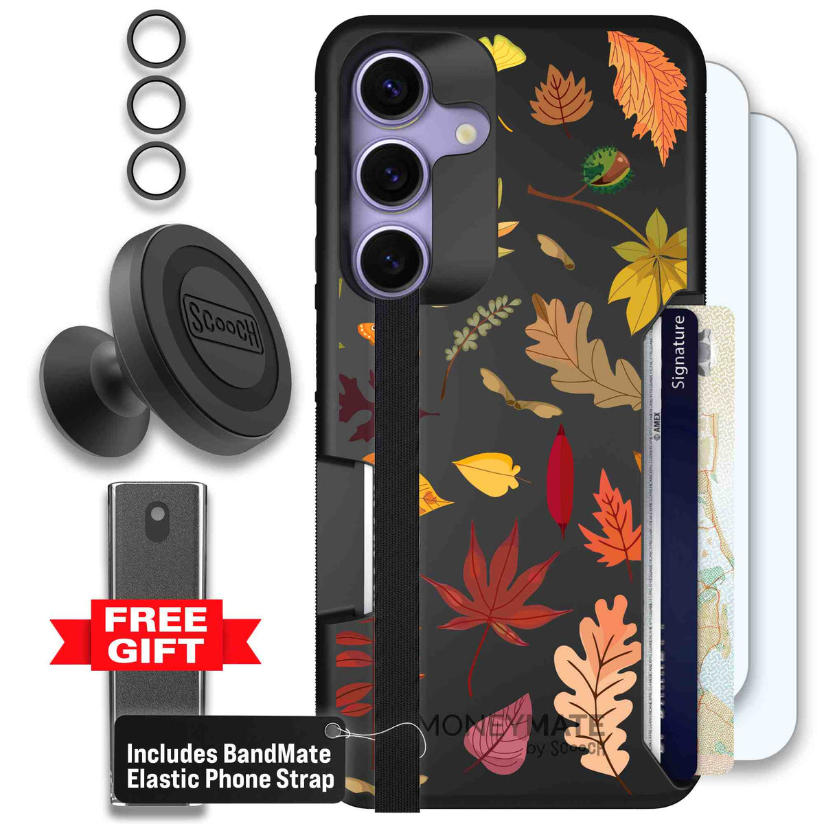 Autumn Leaves multicolored fall foliage pattern on a charcoal scoochzza Moneymate case for Galaxy S25 - Defender Bundle