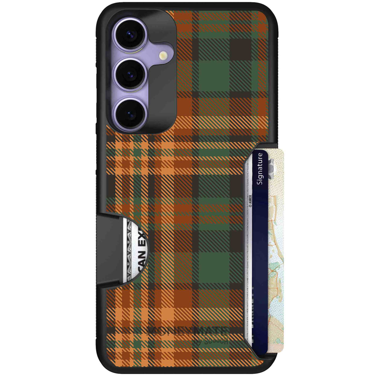 Fall Flannel orange and brown plaid pattern on a scoochzza Moneymate case for Galaxy S25+