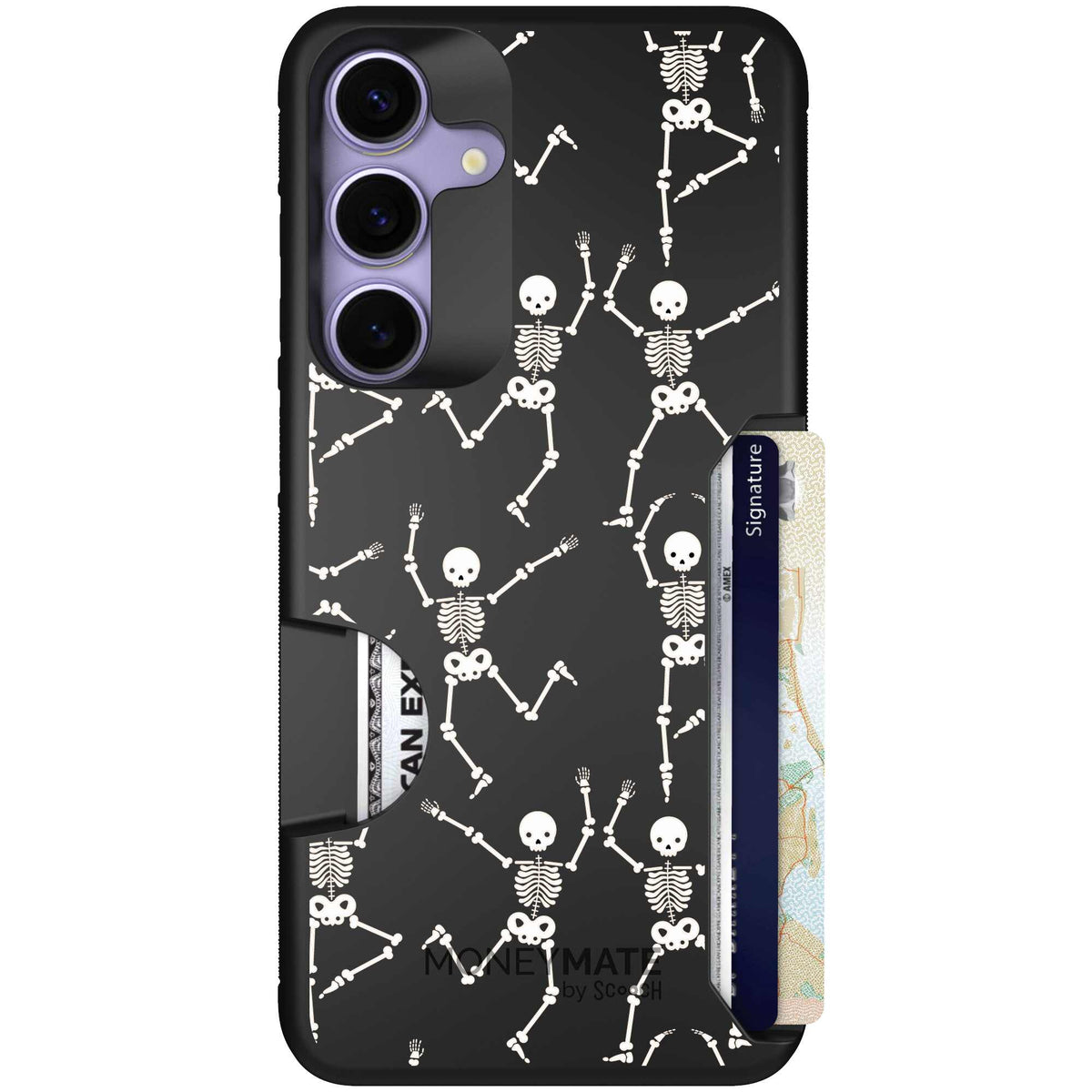 Swinging Skeletons white dancing skeleton pattern on a black scoochzza Moneymate case for Galaxy S25+
