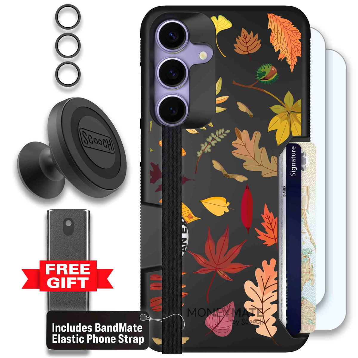 Autumn Leaves multicolored fall foliage pattern on a charcoal scoochzza Moneymate case for Galaxy S25+ - Defender Bundle