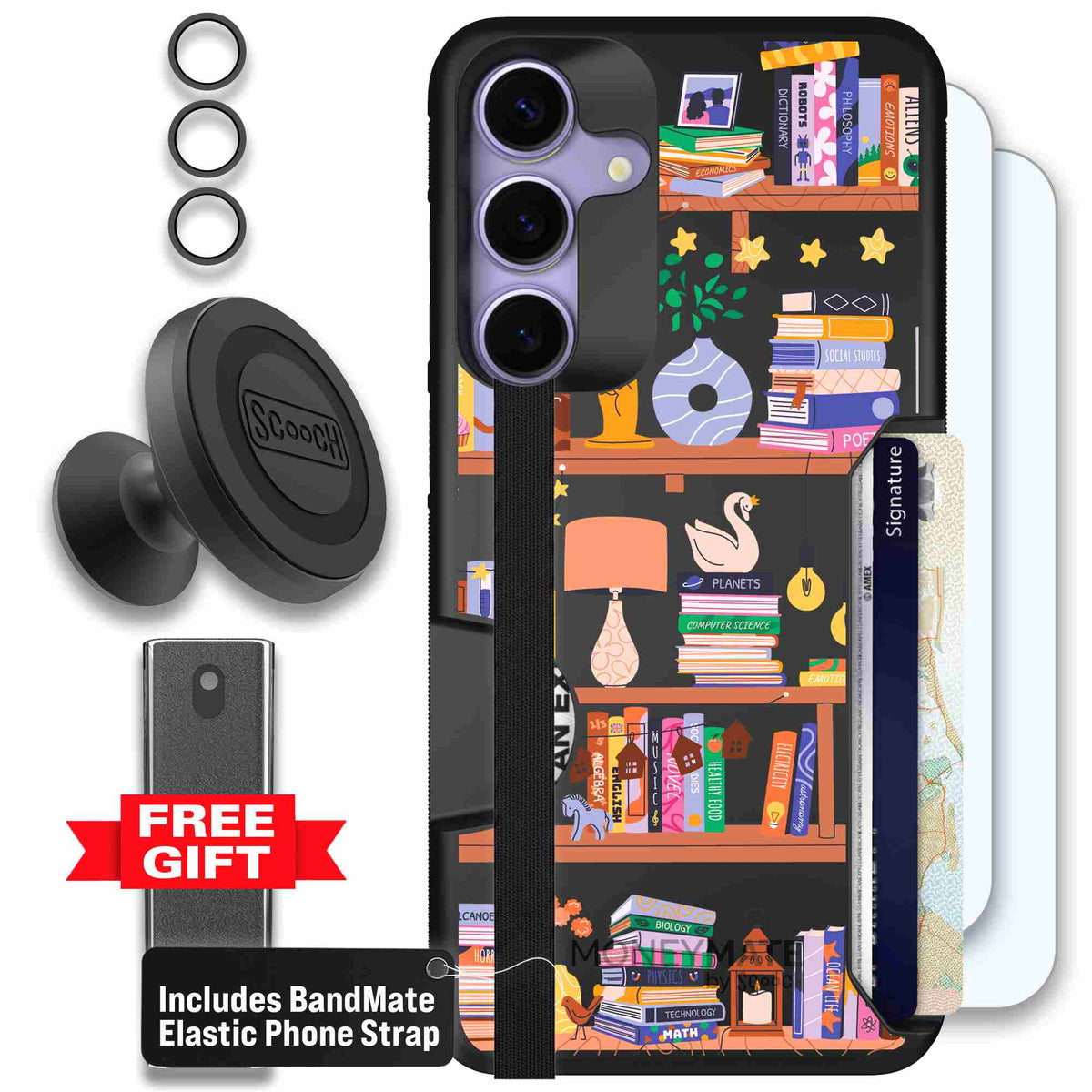 Little Library colorful book and bookshelf pattern on a scoochzza Moneymate case for Galaxy S25+ - Defender Bundle