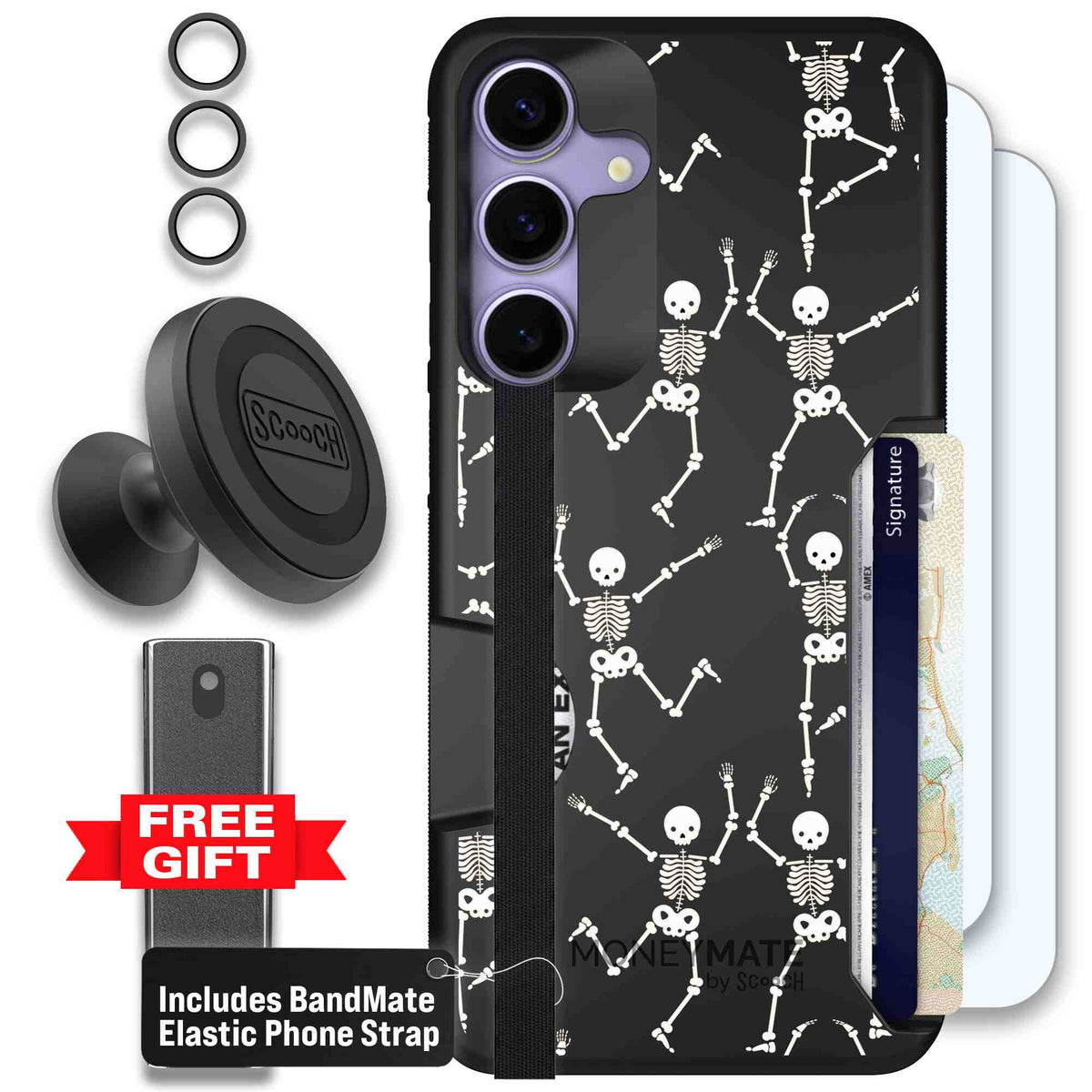 Swinging Skeletons white dancing skeleton pattern on a black scoochzza Moneymate case for Galaxy S25+ - Defender Bundle