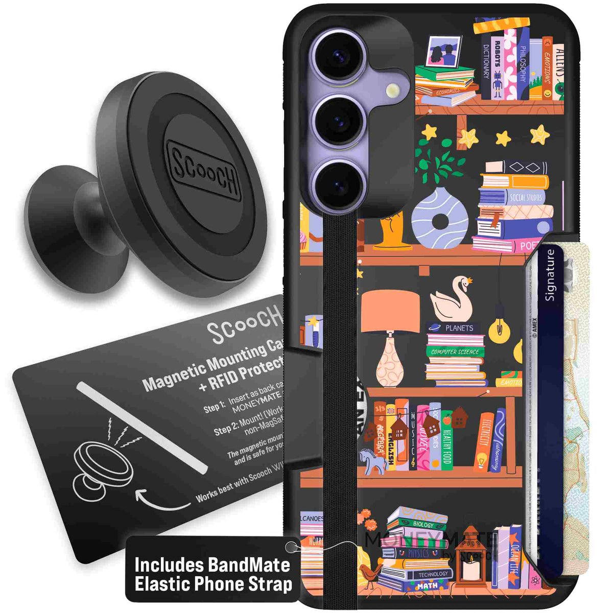 Little Library colorful book and bookshelf pattern on a scoochzza Moneymate case for Galaxy S25+ - Starter Bundle
