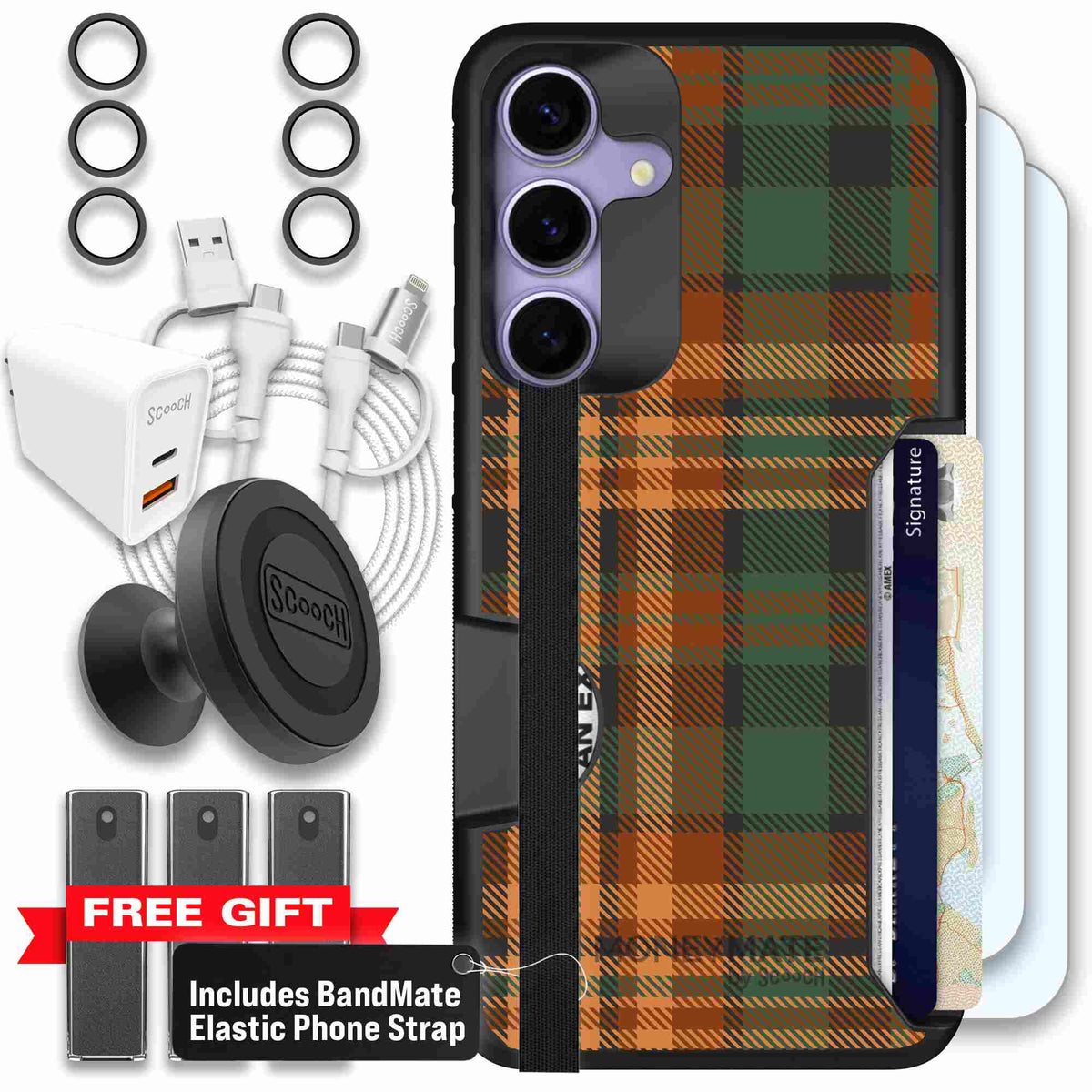 Fall Flannel orange and brown plaid pattern on a scoochzza Moneymate case for Galaxy S25+ - Ultimate Bundle