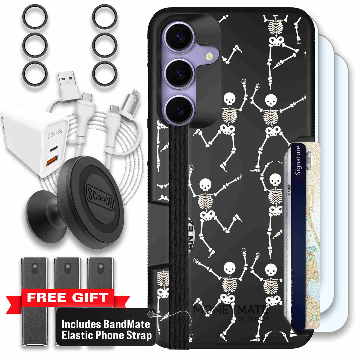 Swinging Skeletons white dancing skeleton pattern on a black scoochzza Moneymate case for Galaxy S25+ - Ultimate Bundle